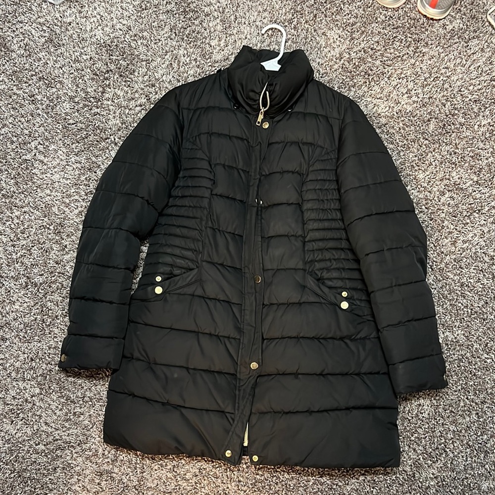 INC mid thigh black puffer coat.